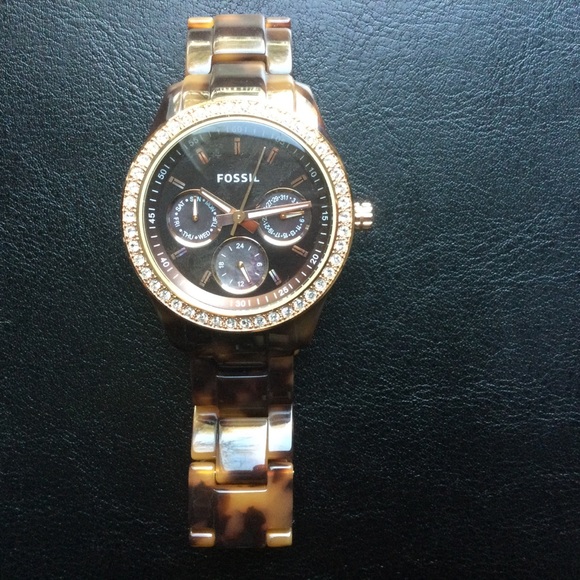 Fossil Tortoiseshell Watch With Rose Gold, Shell & Crystal Accents - Picture 2 of 9